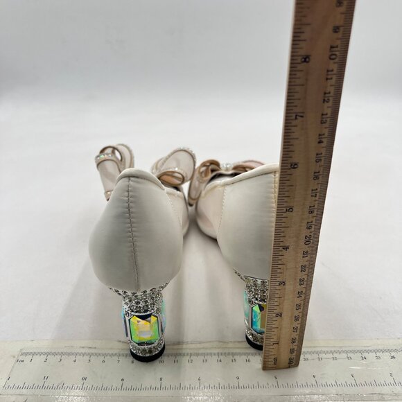 FSJ Ivory Pointed Toe Mesh Bow Crystal Chunky Mid Heel Rhinestones Slip On Pump - Picture 5 of 8